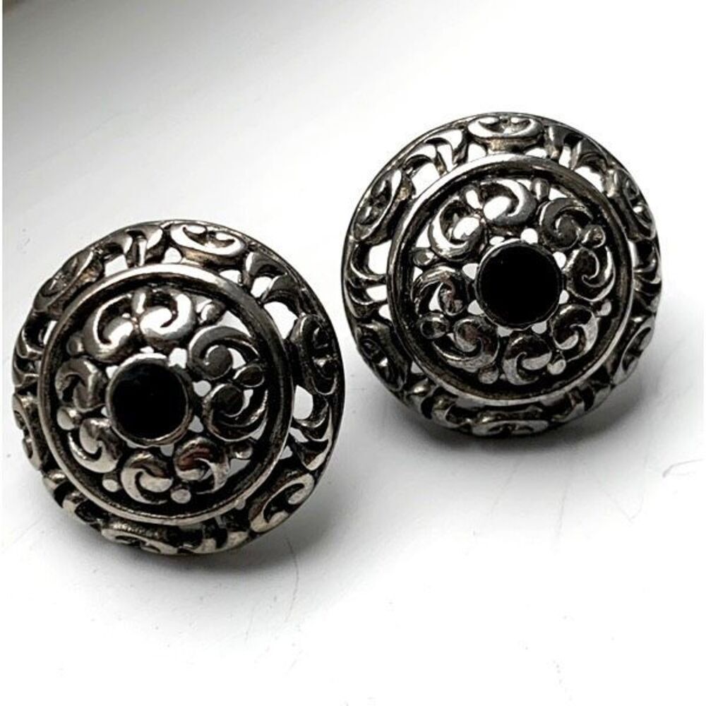 Vintage Domed Button Earrings – Silver Tone Scrollwork with Black Cabochon